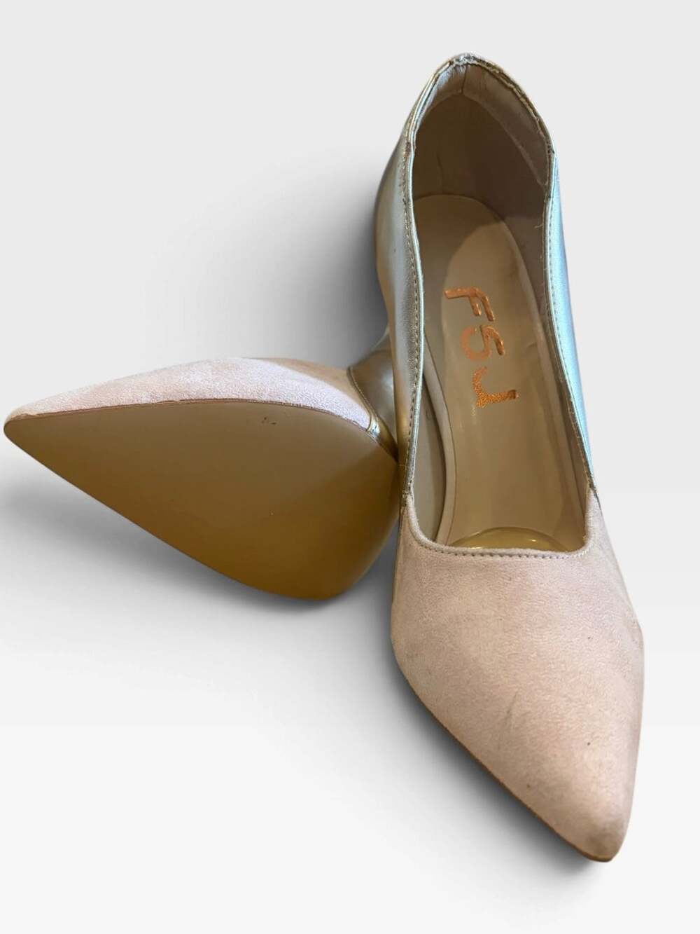 FSJ Beige Nude Gold Metallic Pointed Toe Stiletto Heels Pumps